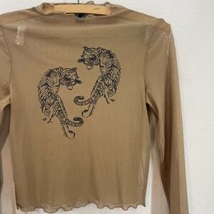 Y2K Forever 21 Sheer Mesh Long Sleeve Tiger Graphic Cropped Top Size Small